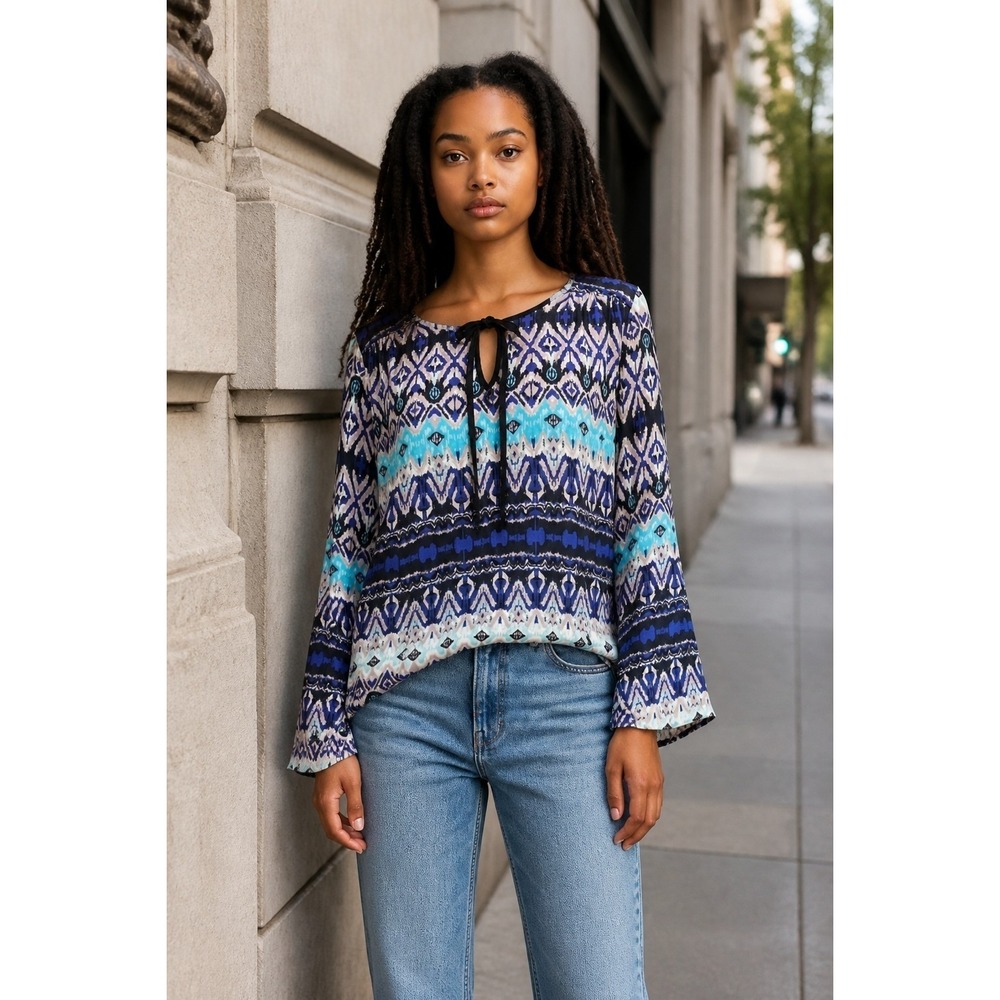 Charming Charlie Women's Geometric Print Tie Neck Long Sleeve Blouse Top Medium